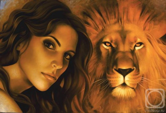 Покажите картину где девушка обнимает льва? (сидит на нём, лежит рядом и т.д..)