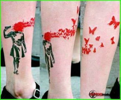 скиньте рисунок(эскиз или саму татуировку) где стрелдяют в голову, а от туда бабочки?